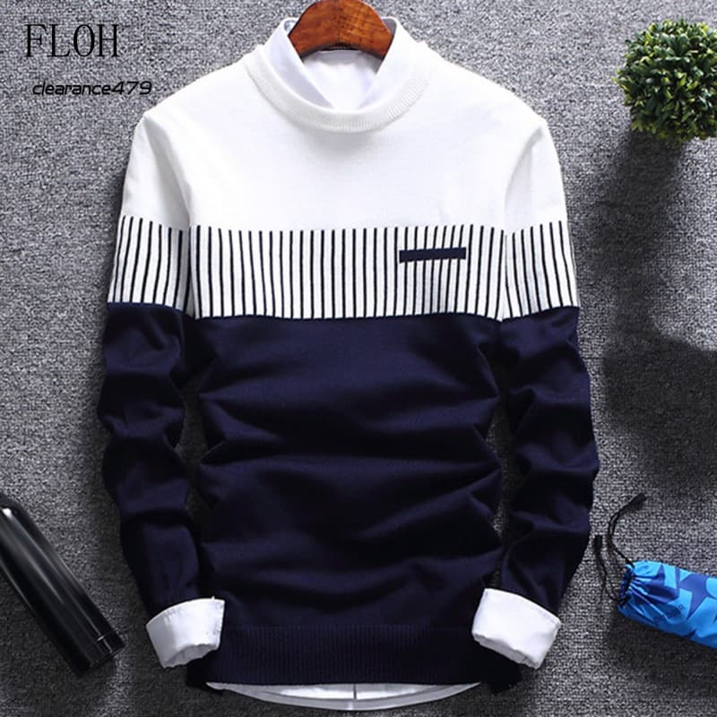 Suéter/Blusa Masculina de Tricô/Manga Longa/Gola Redonda/Patchwork/Bloco de Cores FXSW