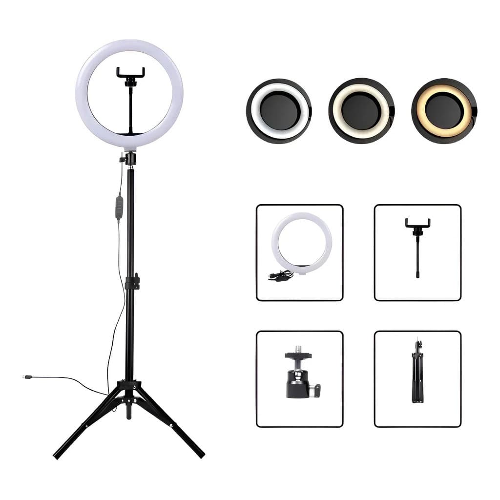 Ring Light 26cm LED Dimerizável Preto C/ Tripé USB 15W Diâmetro 10pol