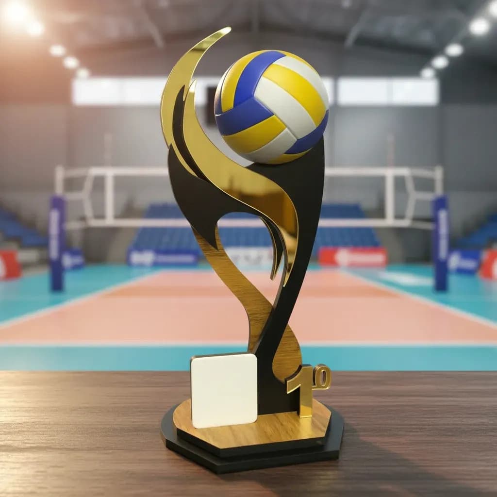 Troféu Vôlei 30cm MDF Acrílico Dourado Premiação Campeonatos Torneios Eventos Esportivos
