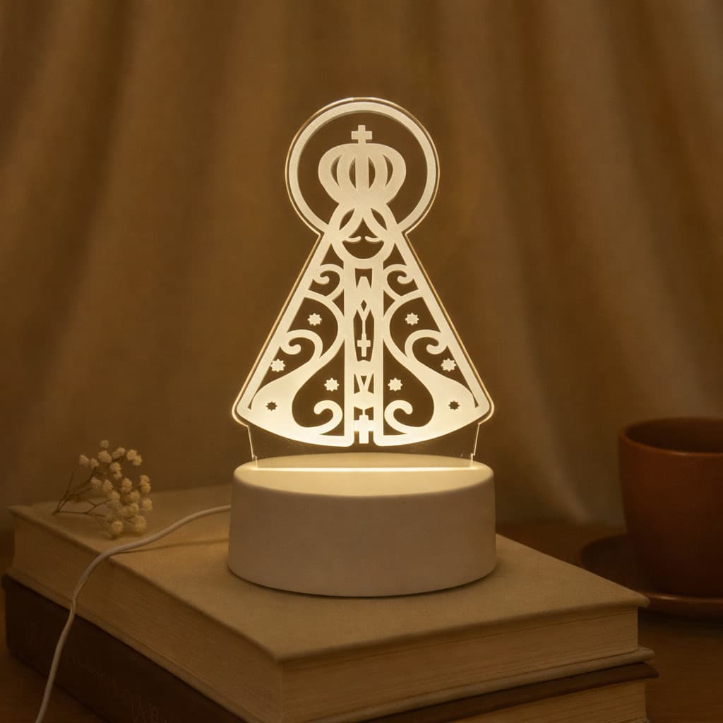 Luminária Led Acrílico para Mesa Abajur 3D Criativo Luz Noturno Aparecida USB Branca Decorativa BR