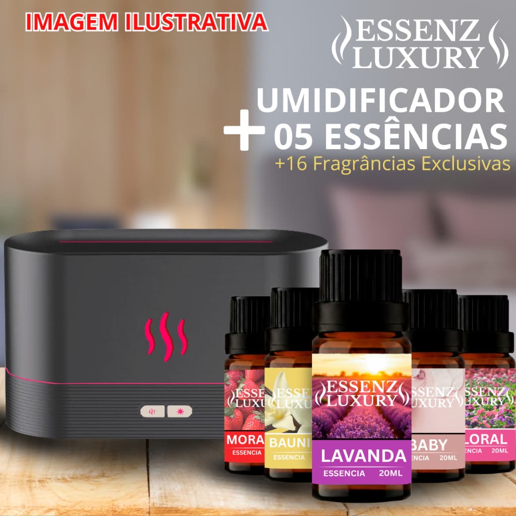 KIT Difusor/Umidificador CHAMAS + 5 Essências de 20ml | RGB, type-C | Lançamento Essenz Luxury