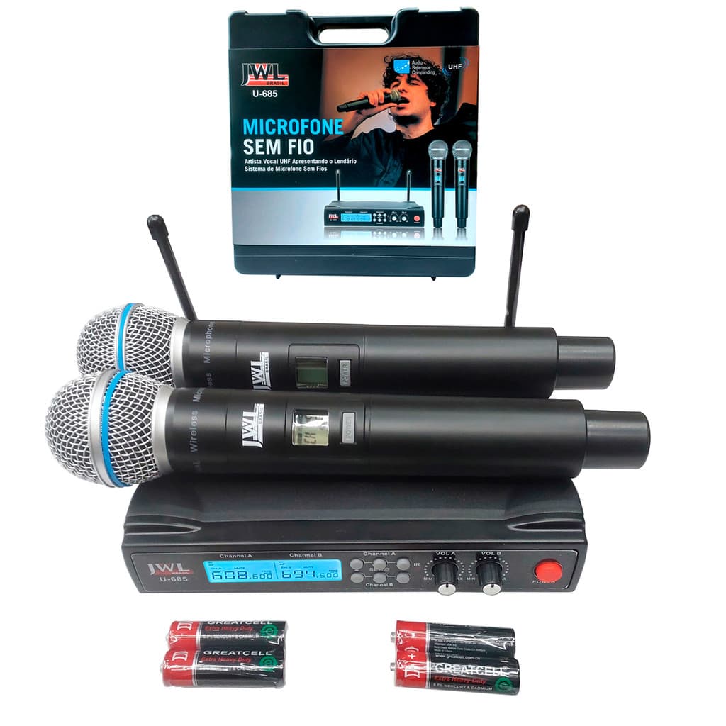 Microfone Sem fio Profissional Multi Frequência, Microfone Sem fio JWL, Microfone Duplo JWL U-685