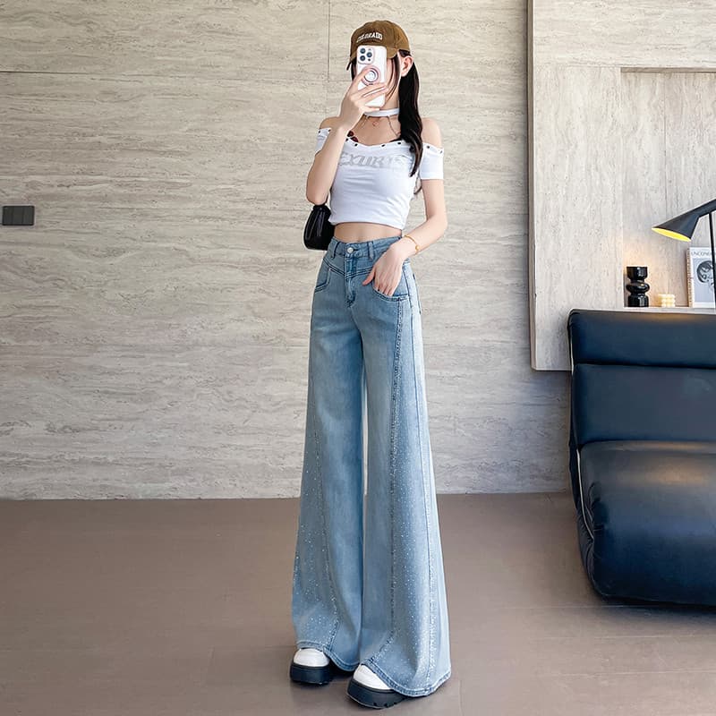 Strass quente ligeiramente queimado calças de brim de perna larga feminino 2026 primavera novo estilo alta cintura alta