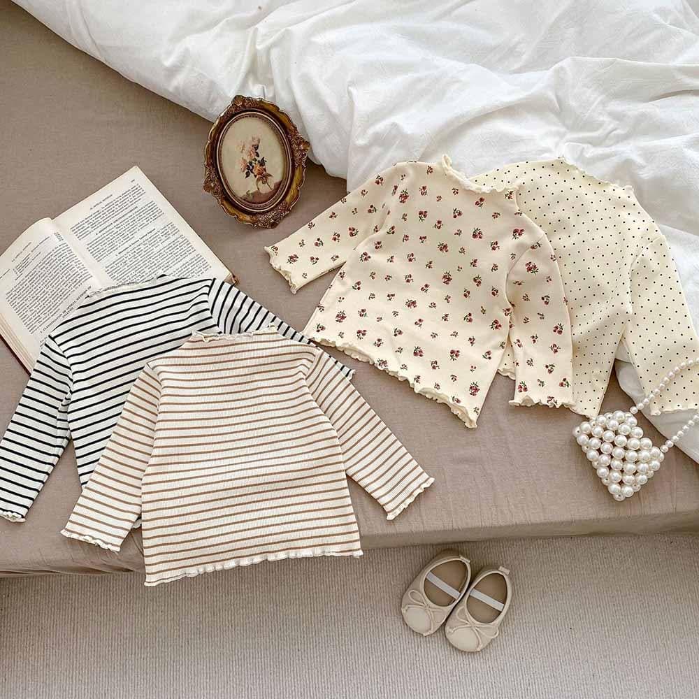 Ins outono bebê menina meia gola alta fungo borda camisa de fundo primavera outono estilo ocidental Floral crianças mang