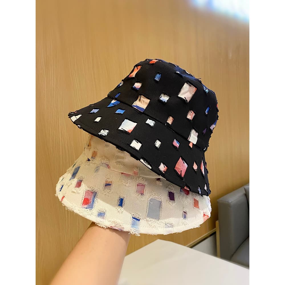 Versão coreana cor misturada angustiado desgastado rasgado balde chapéu feminino na moda dobrável moda All-Match bacia c