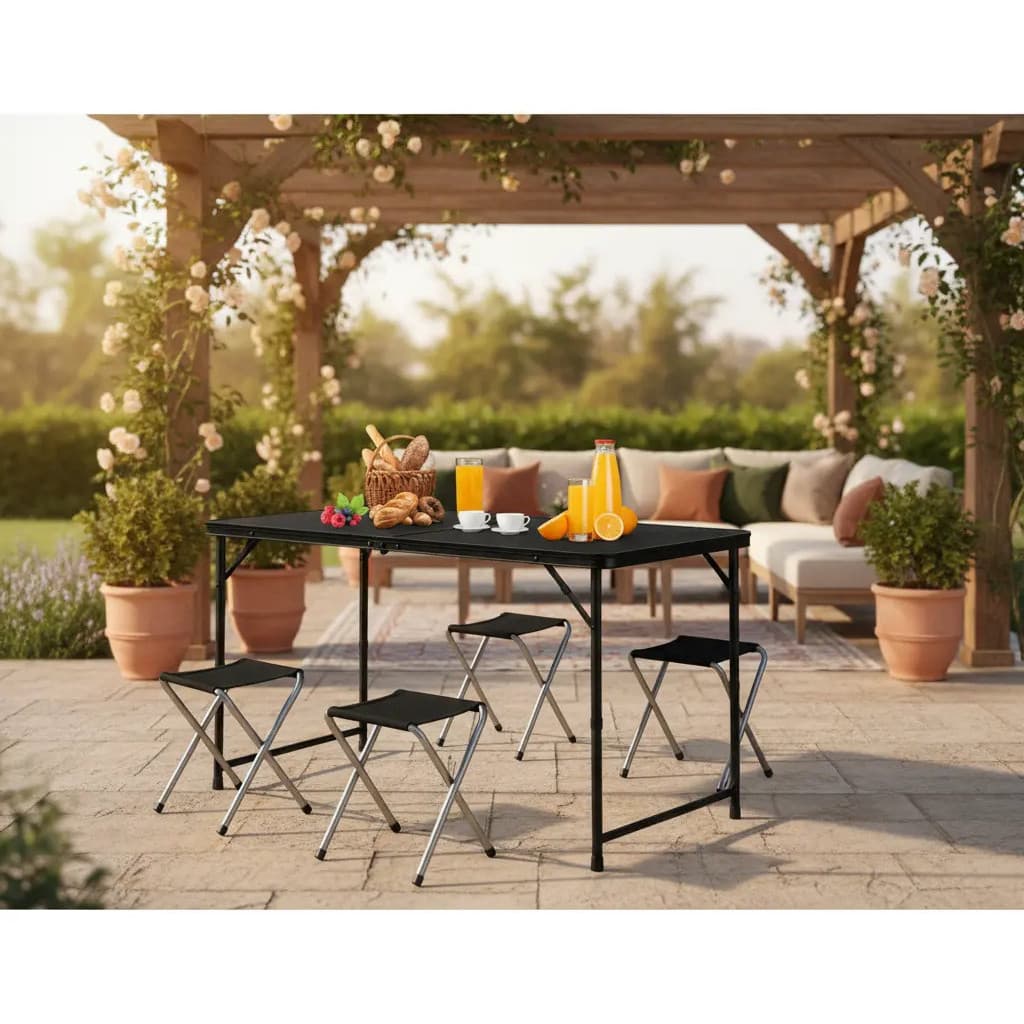 Mesa Dobrável 120x60 Leve Vira Maleta 4 Banquetas Aluminio Camping Praia Jardim Preto