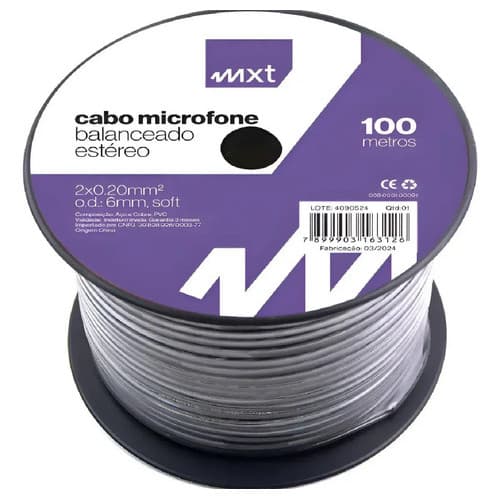 Cabo Para Microfone estéreo 2 x 20mm carretel 100 metros