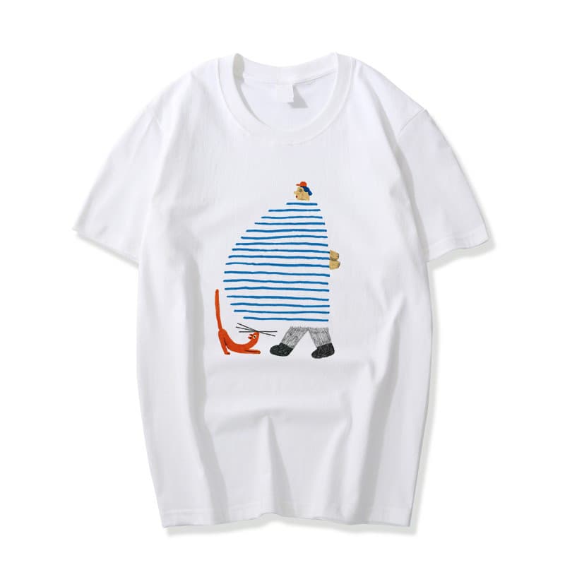 Camiseta masculina feminina de algodão puro estampada de manga curta solta respirável branca All-Match Top de fundo inte