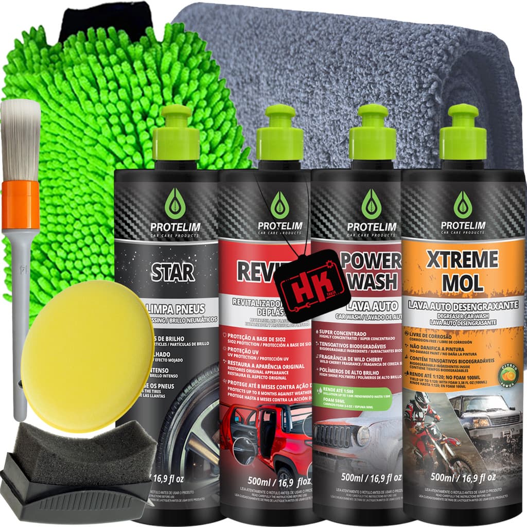 Kit Lavagem Protelim Shampoo Xtreme Mol Power Wash Revitalizador Plastico Revitax Pneu Pretinho Star
