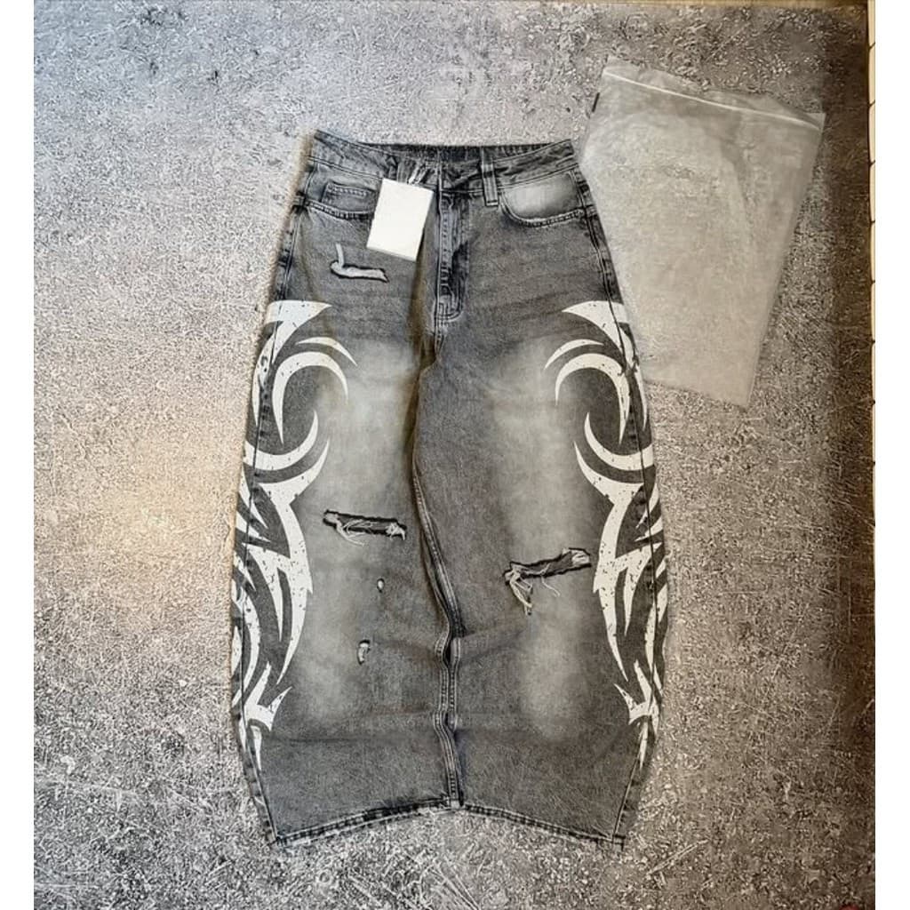 Vintage Y2k Rasgado Jeans Feminino Harajuku Impressão Cinza Baggy Angustiado Denim Calças Hip Hop Grunge Streetwear Larg