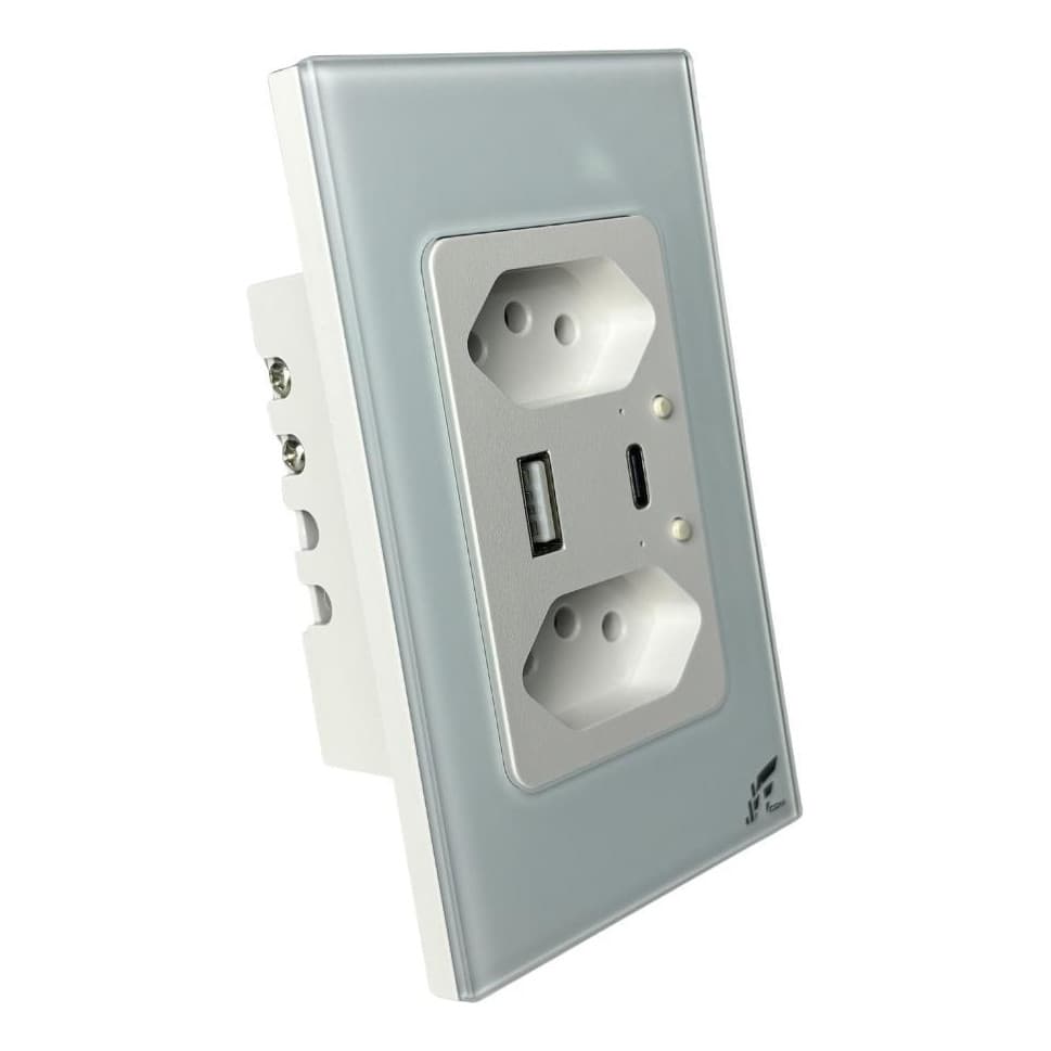 Duas Tomadas Inteligentes Com Entradas USB e Tipo C Conexão Wifi E RF Em Acabamento De Vidro