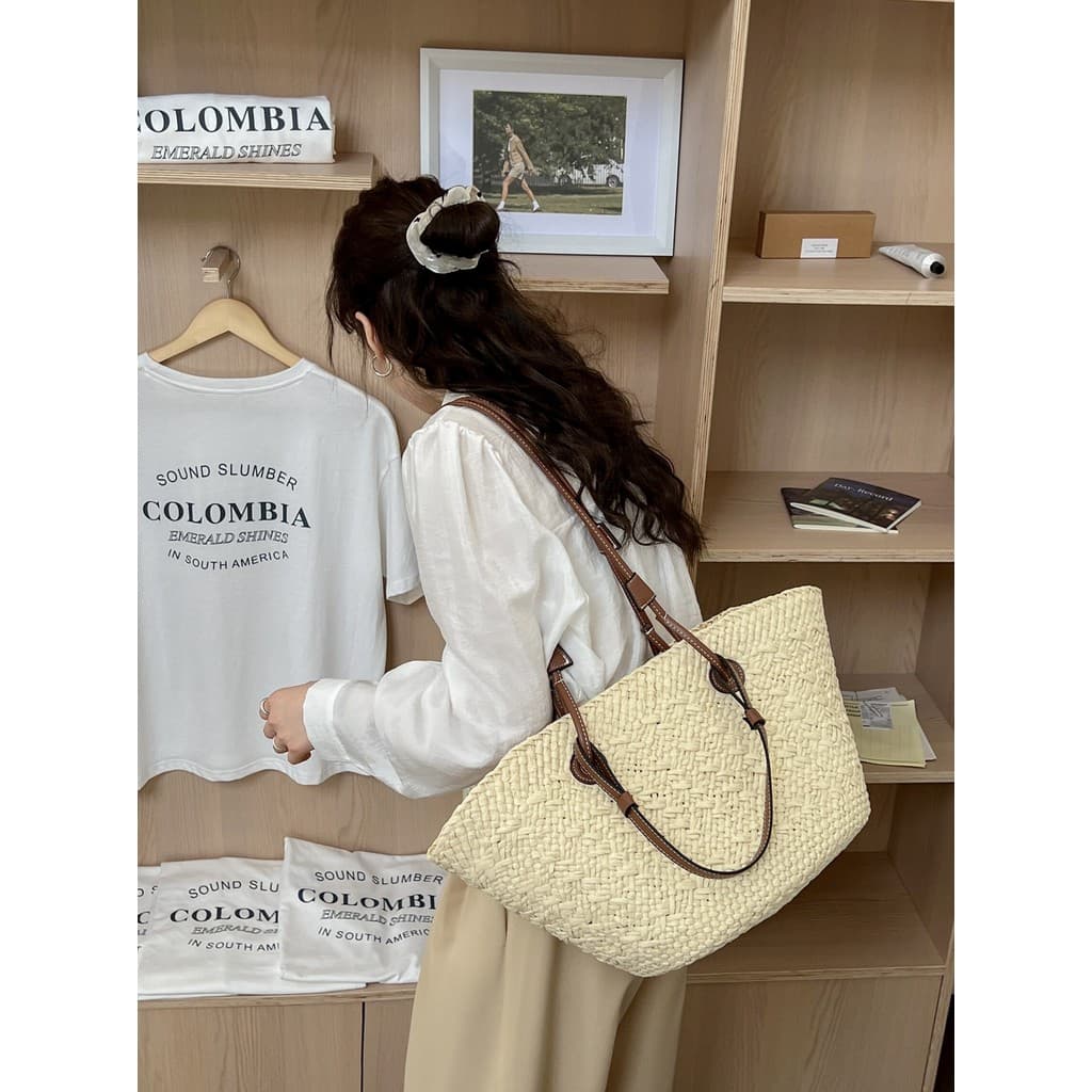 CHAWOOL Retro Bolsa de Ombro de Grande Capacidade Simples Casual Portátil Praia Férias Bolsa de Palha Sacola