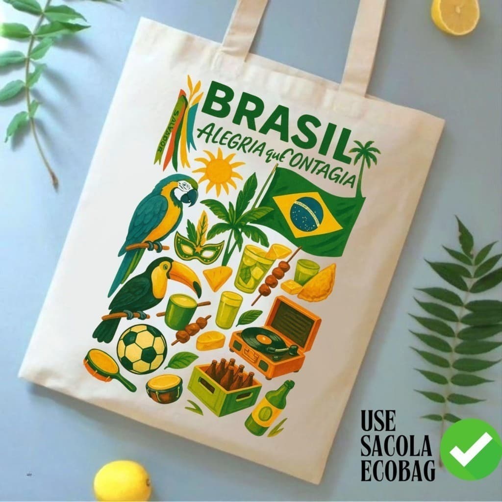 Bolsa Ecobag Personalizada Estampa do Brasil Copa Carnaval Sacola Ecológica 100% Algodão Cru