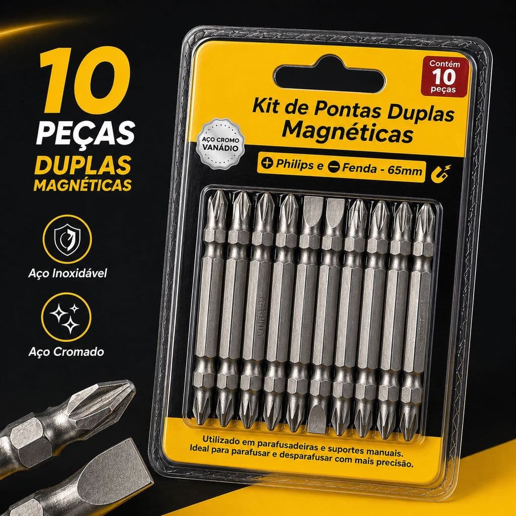Ponteiras Magnéticas Ponta Dupla 65mm para Parafusadeira Profissional Phillips e Fenda 10 Bit