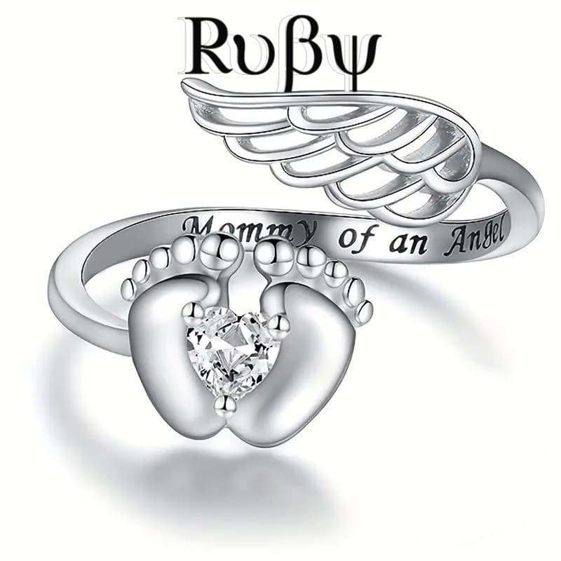 Ruby * Anel de pegada de bebê europeu americano com letras de anjo joias presente para mãe sentido de Design de moda