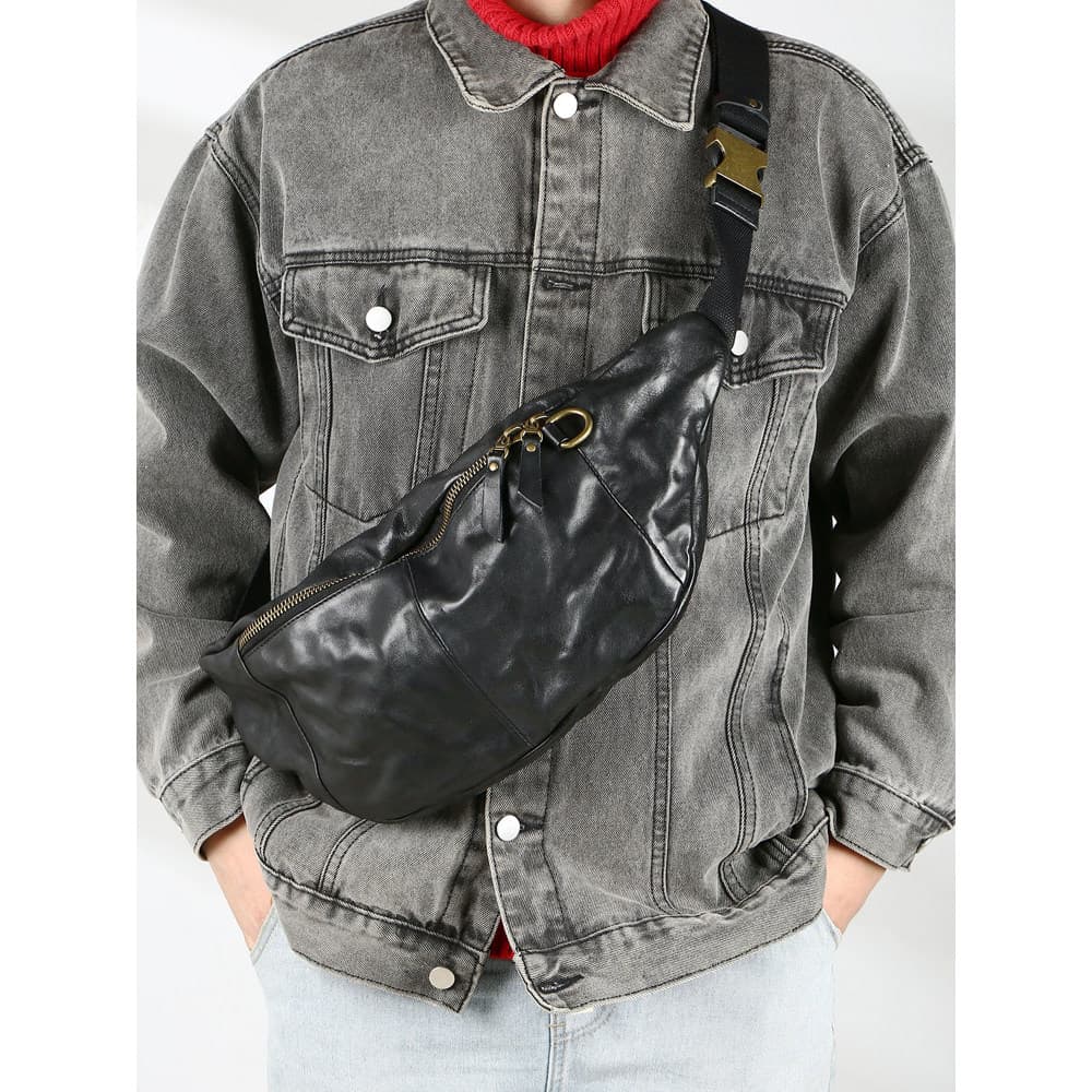 2025 Novo estilo de couro genuíno bolsa mensageiro de ombro masculina simples bolsa de peito vegetal curtido primeira ca