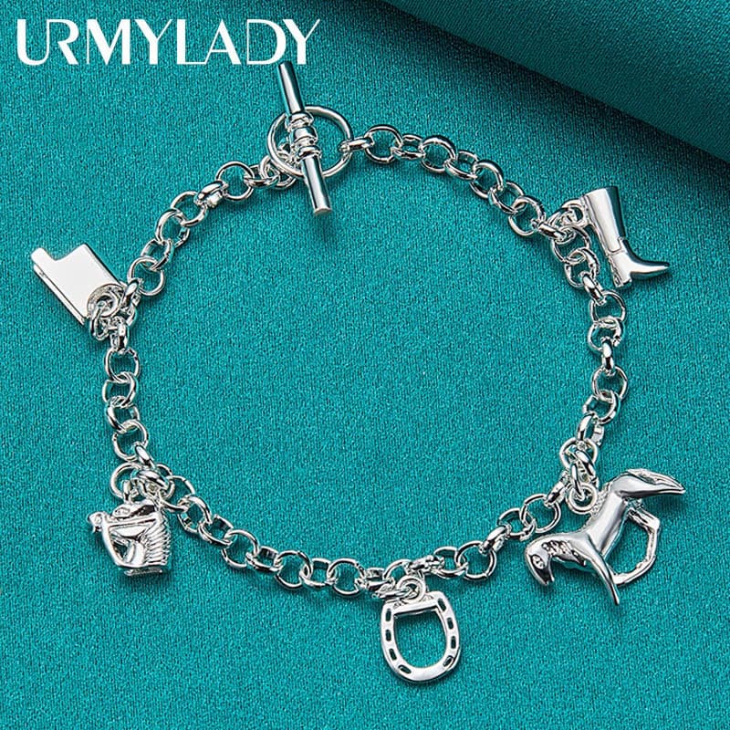 URMYLADY 925 Prata Esterlina Botas De Cavalo Pingente 20CM Pulseira De Corrente Para Mulheres Festa De Noivado Moda Char