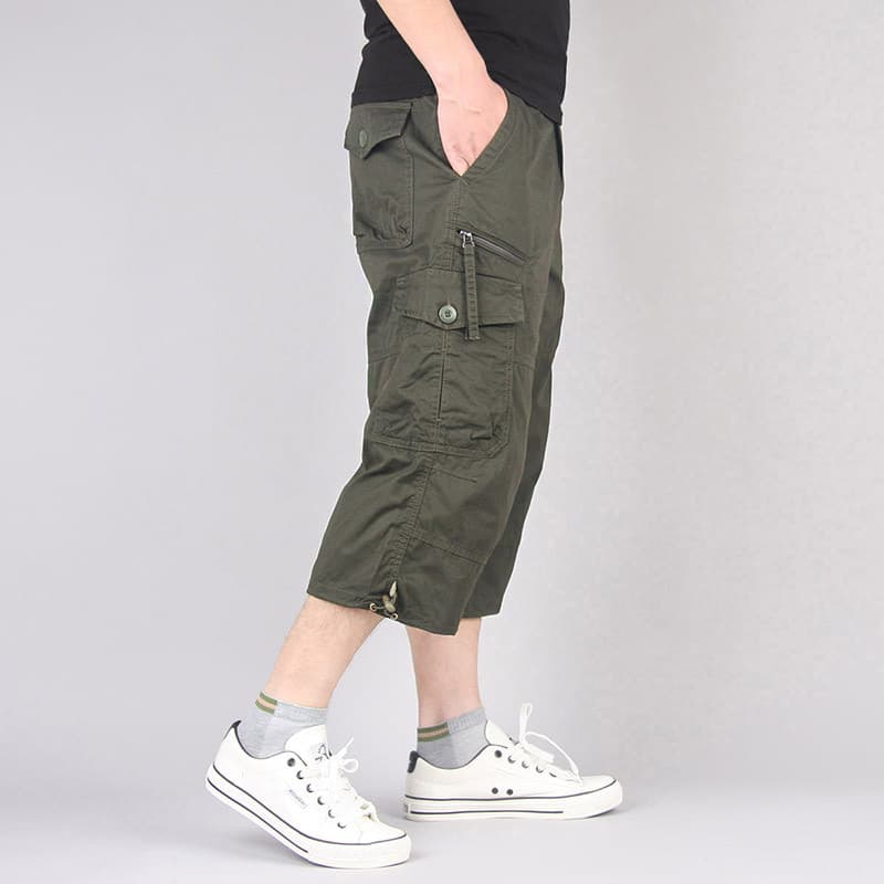 Macacão de verão calças casuais cintura média em linha reta masculino Multi-bolso calças de comprimento médio calças cor