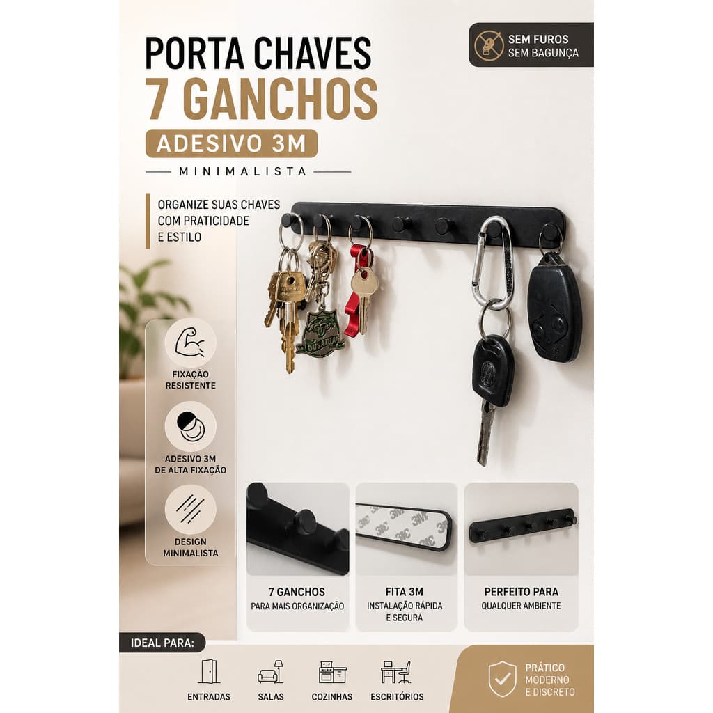Organizador de Chaves com 7 Ganchos Minimalista de Parede para Hall de entrada