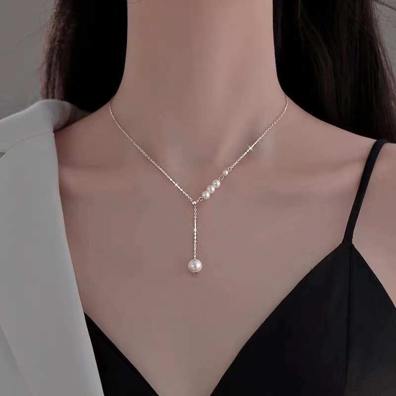 Colar de pérolas em prata esterlina S925, colar de pérolas em prata, joia elegante e simples, corrente para clavícula.