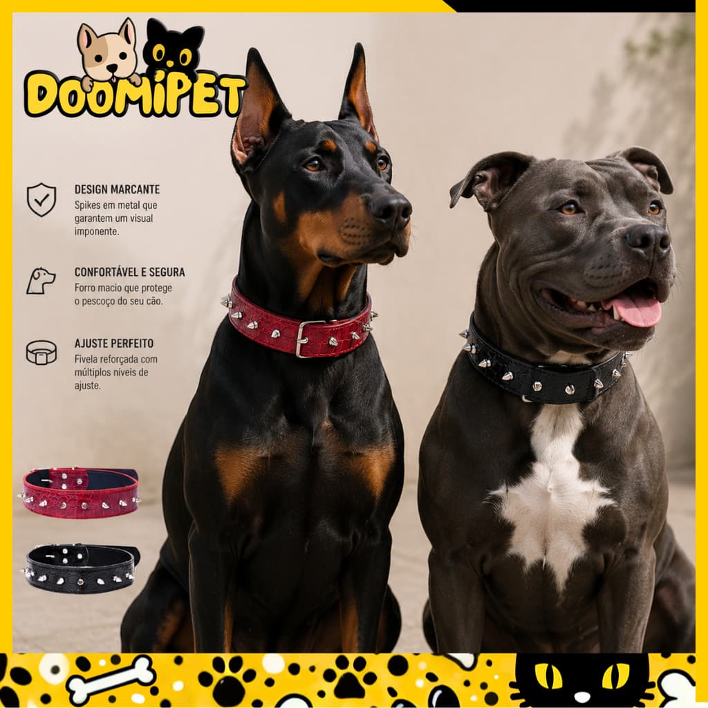 Coleira Spiked Rebites Para Cães Médios E Grandes Anti-Mordida Couro PU Resistente