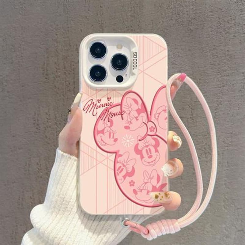 Capinha cordão Minnie Fofa para iPhone 12 13 14 15 16 17 Pro Max Plus Samsung S25 S24 S23 A15 A36 Disney