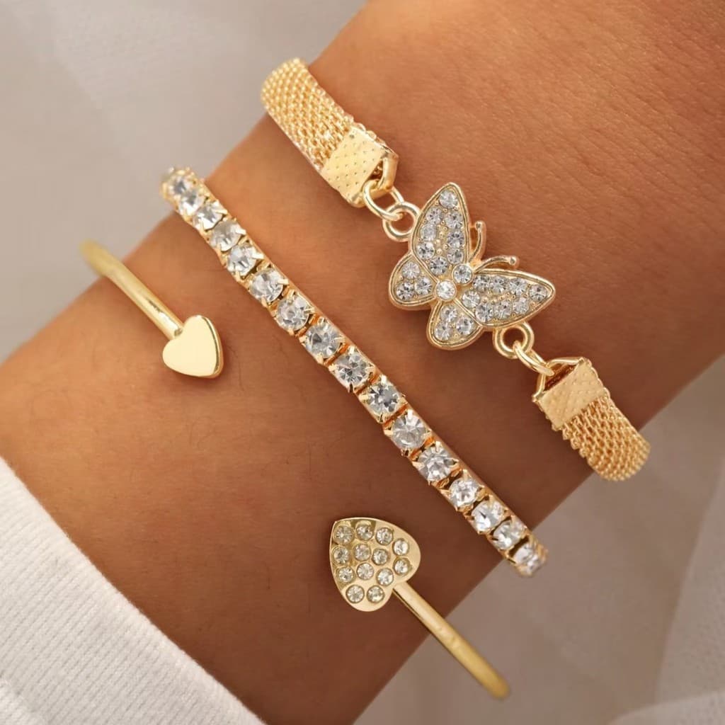 Conjunto 3 Pulseiras de Bangle - Ouro com Pedras, Ideal para Presentear