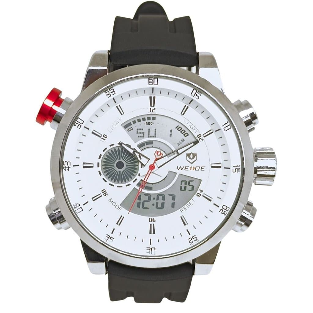 Relógio Masculino Weide AnaDigi WH-3401 Branco e Prata e Vermelho (Resistente à água 5ATM, Vintage, Luxuoso, Charmoso)