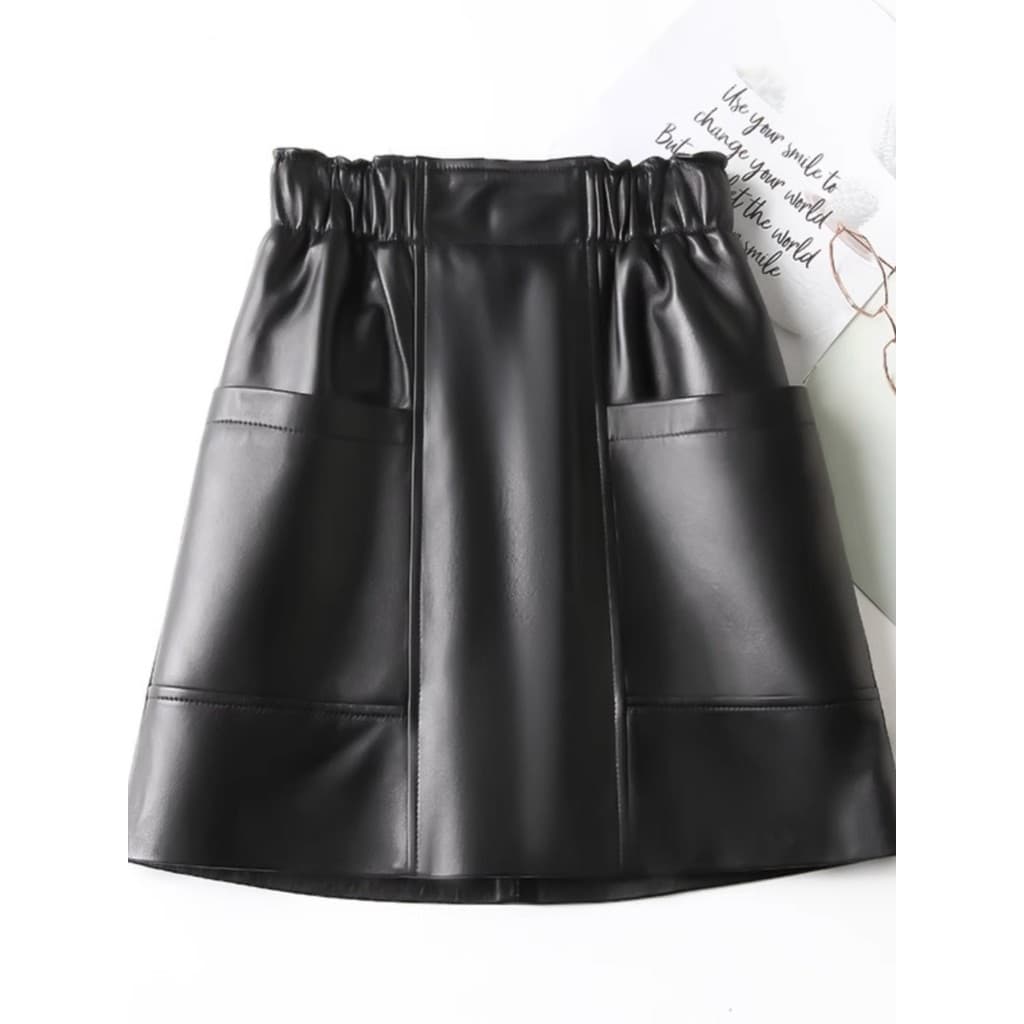 Moda saia de couro do plutônio feminina 2025 primavera outono novo estilo elástico cintura alta solta saia curta preto e