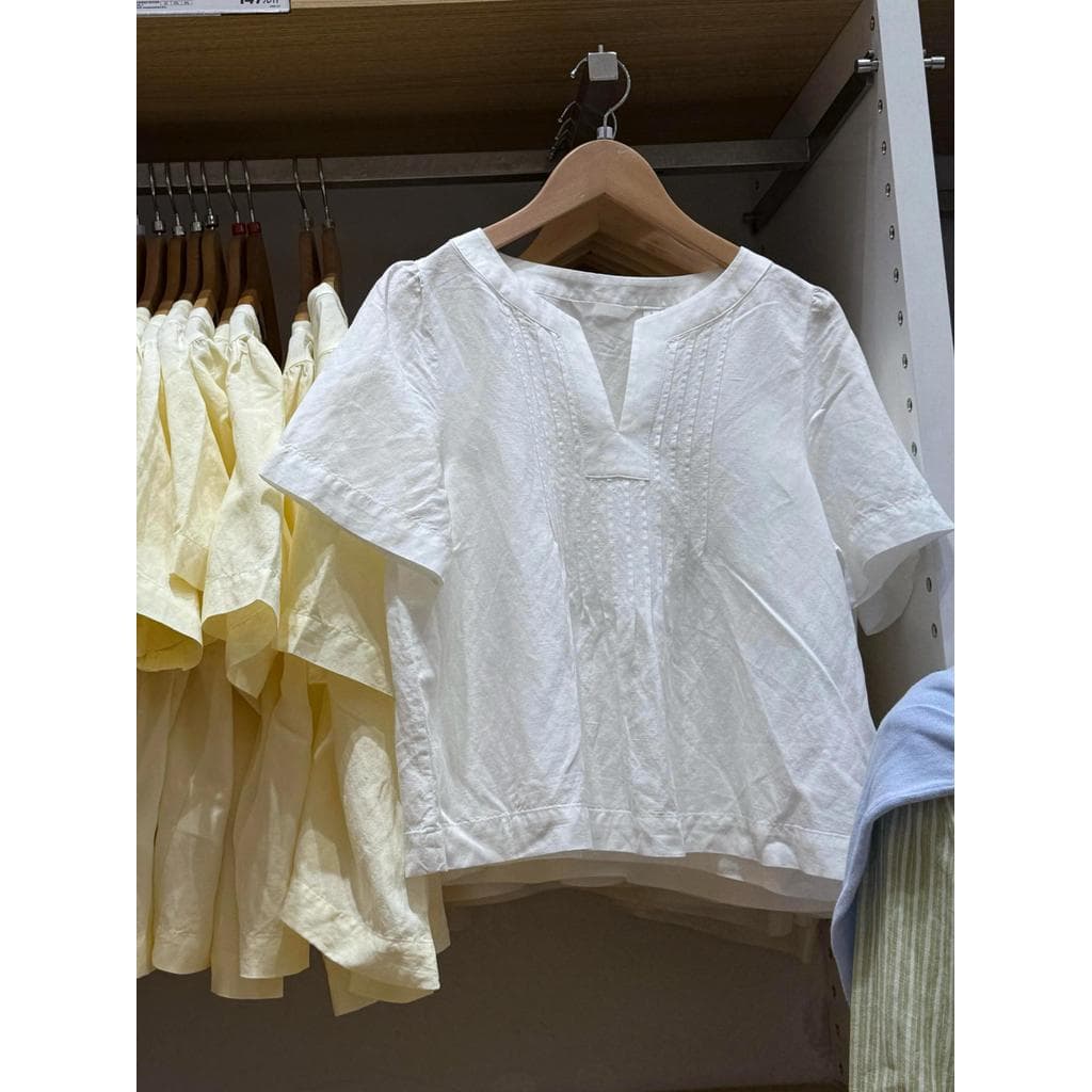 Roupas femininas japonesas!Gola meio aberta misturada em linho!Camisa plissada de manga curta/primavera verão novo estil