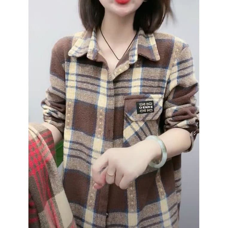 Primavera outono jaqueta xadrez de lã feminina moda Cardigan solto algodão All-Match camisa de manga comprida tamanho gr