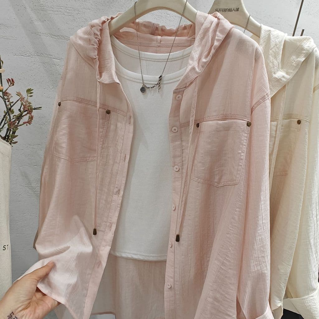 Simples Deslocamento Com Capuz Camisa Solta Feminina Verão Solto Estilo Coreano casual De Proteção Solar Topo Jaqueta Fi