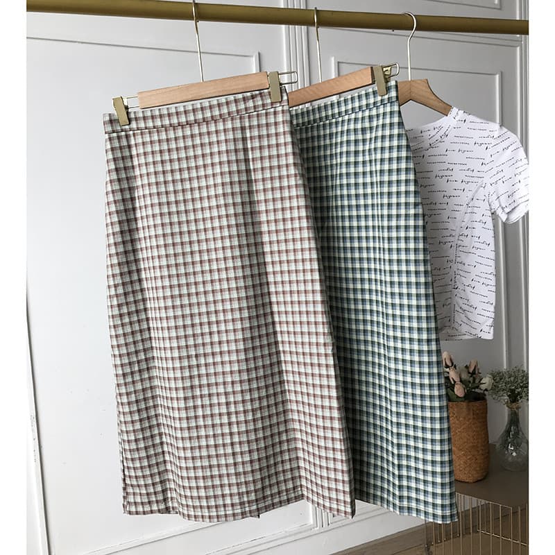 Verão novo estilo saia de cintura alta feminina All-Match elegante saia feminina Retro xadrez a linha saia meio comprime