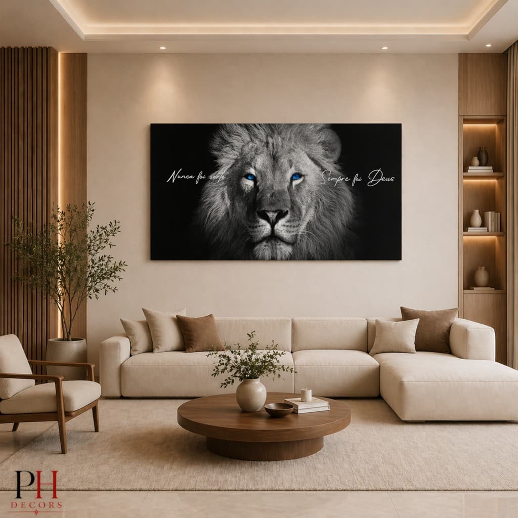 Quadro Decorativo Leão Olhos Azuis Frase Motivacional nunca foi sorte sempre foi deus  MDF Alta Qualidade Sala Quarto