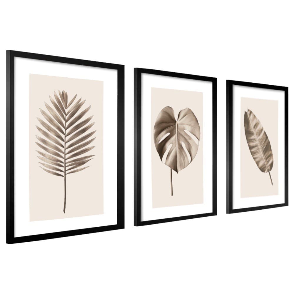 Conjunto 3 Quadros Decorativos Moldura 50x70 cm Folhagem Sala Grande Moderno