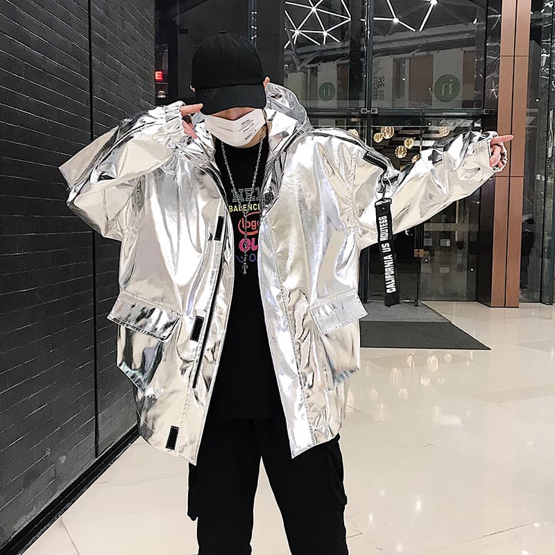 Prata brilhante Hip Hop jaqueta de couro masculina nacional na moda único com capuz hiphop desempenho palco jaqueta infl