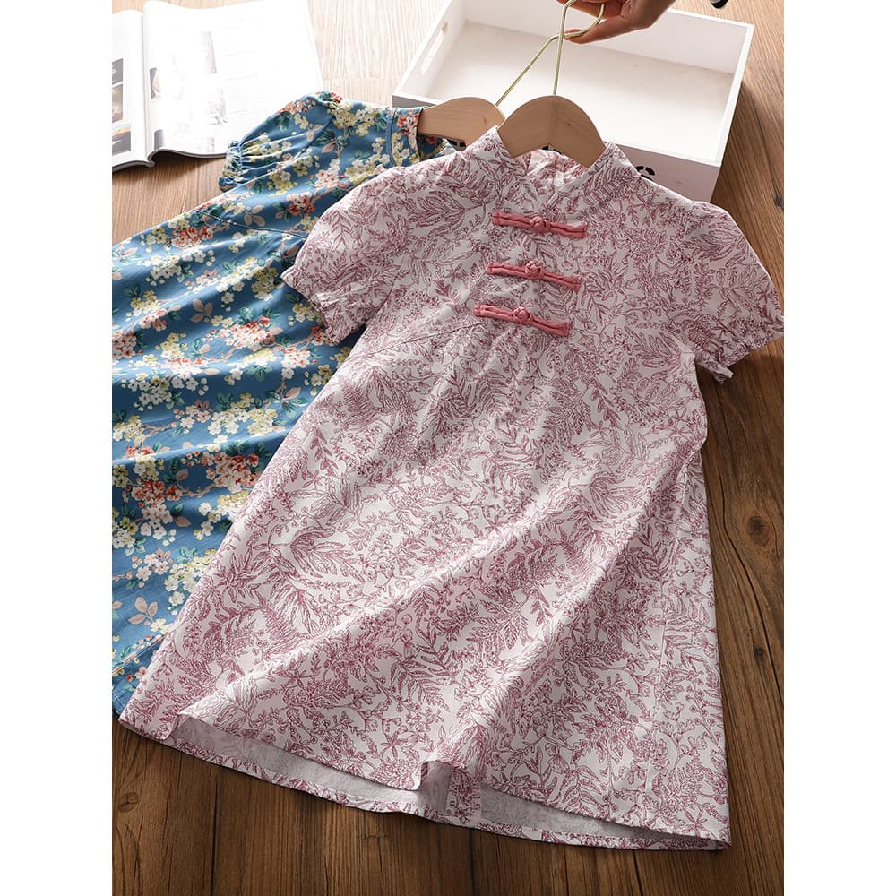 Meninas Cheongsam médio grande crianças vestido Floral de manga curta bebê melhorado estilo chinês fino Retro vestido de