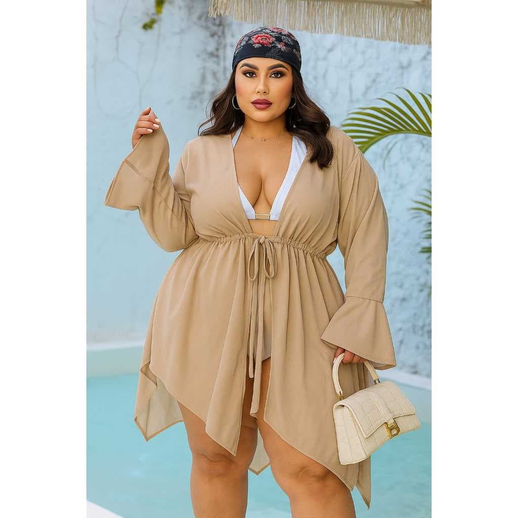 Saida de Praia Plus Size manga longa Kimono tecido leve Moda Feminina Estilo Vestido