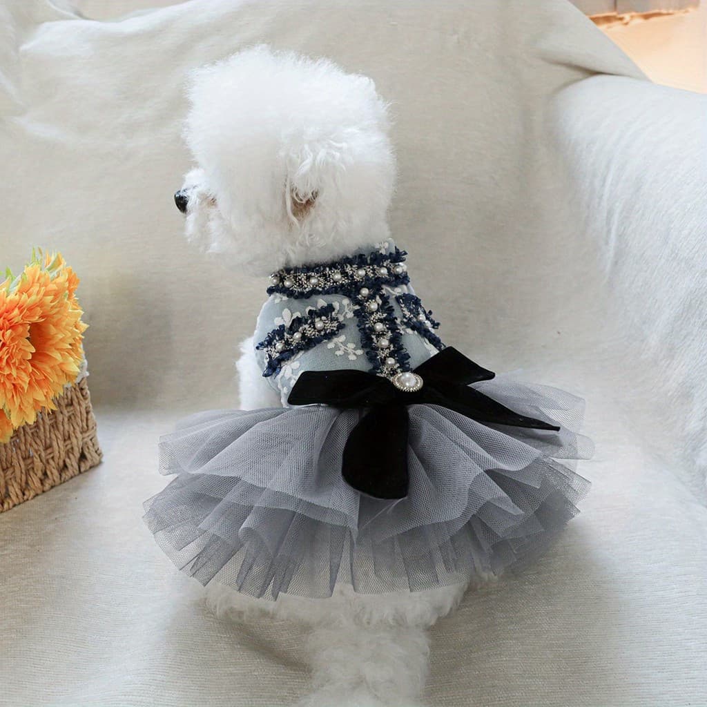 Saia Estilo Princesa para Pets, Cor Cinza-Azul com Aroma de Brisa, para Cães Bichon, Yorkshire e Teddy, Roupas de Primav