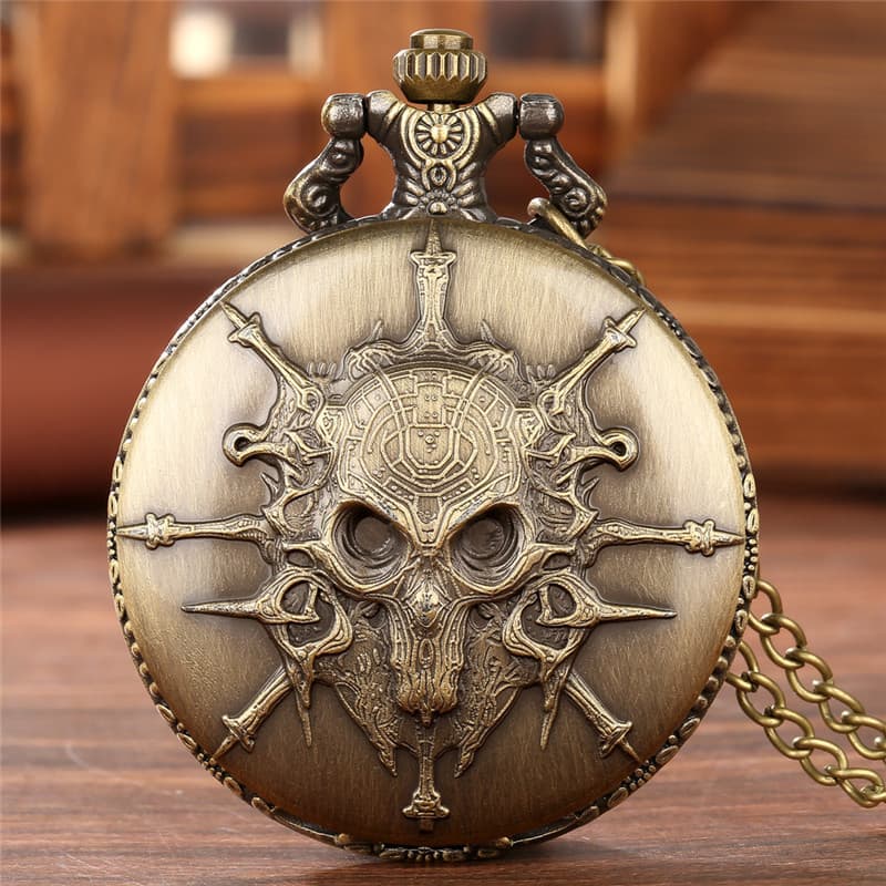 Bronze Warlock Crânio Design Masculino Feminino Relógio De Bolso De Quartzo Número Árabe Colar Pingente Corrente