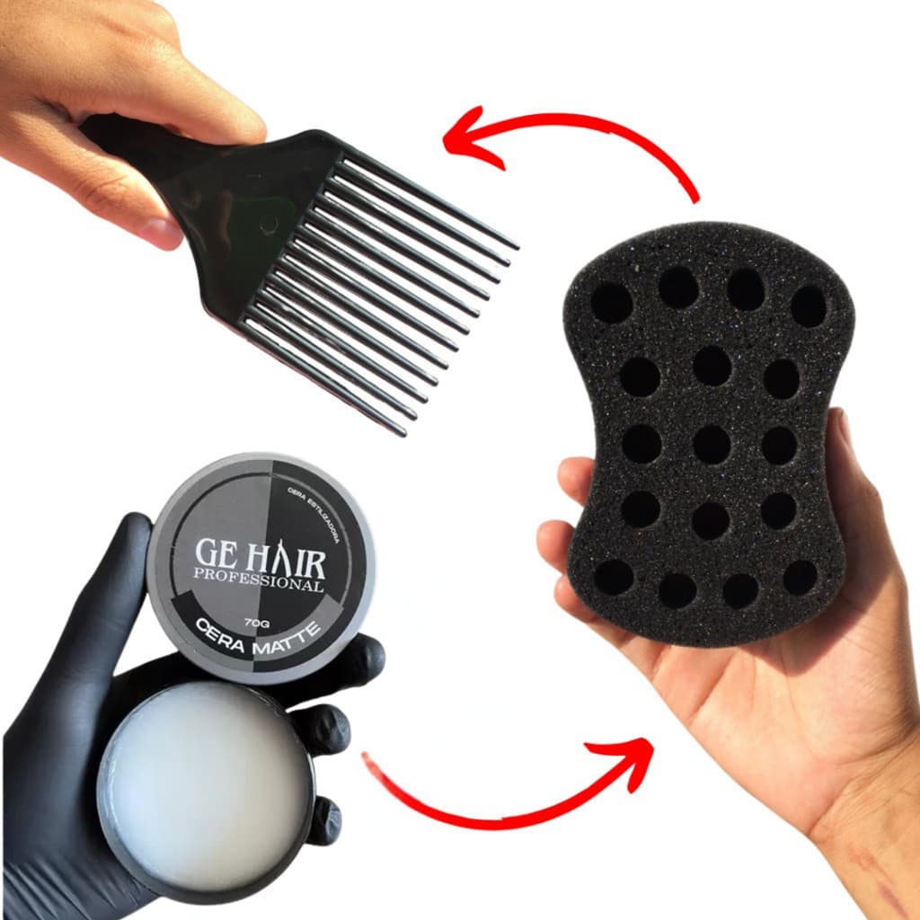 Kit 01 Mini esponja Nudread + 01 Cera + 01 Pente garfo plastico Bucha Enrola Cabelo esponja nudred.