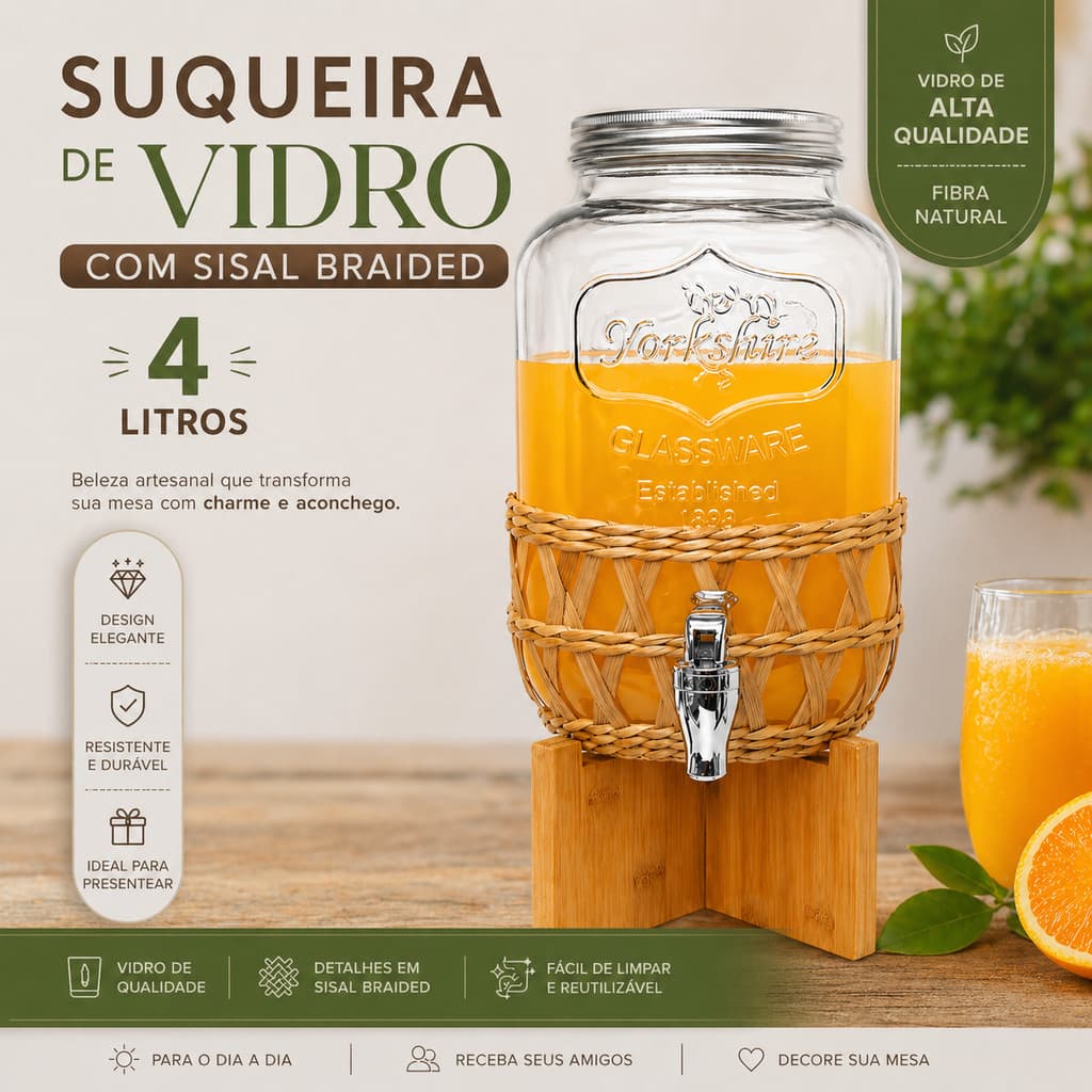 Suqueira de Vidro 4 Litros c/ Sisal Braided Mimo Style