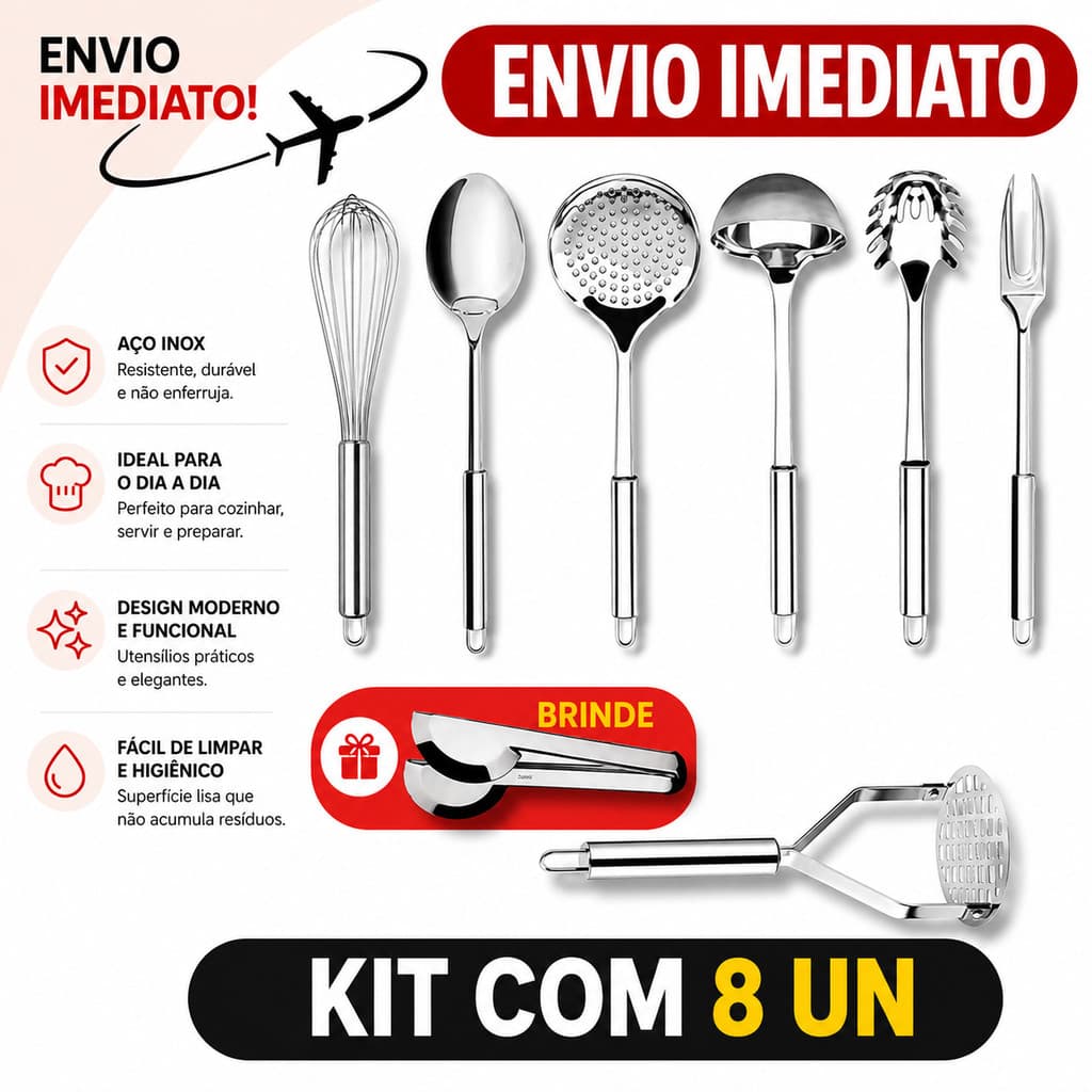 Jogo Utensílios Inox 8 Unidades Cozinha Completa Com Brinde * Envio Imediado *