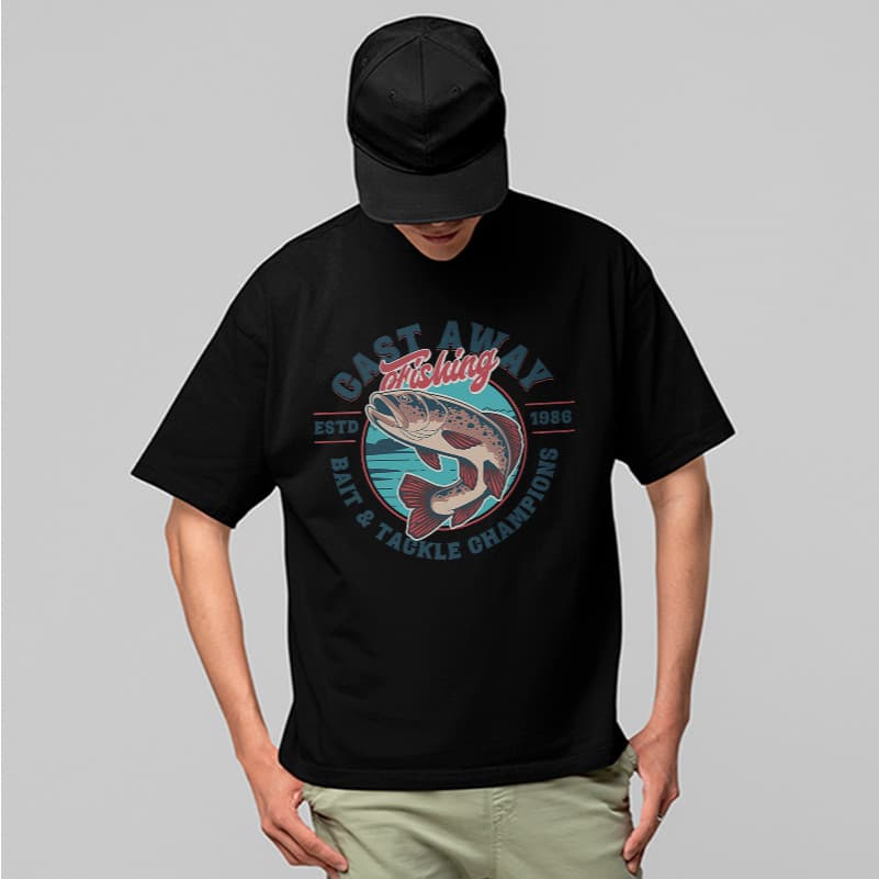 Camiseta Oversized Fishing Fish Cast Away Estampa Pesca Esportiva
