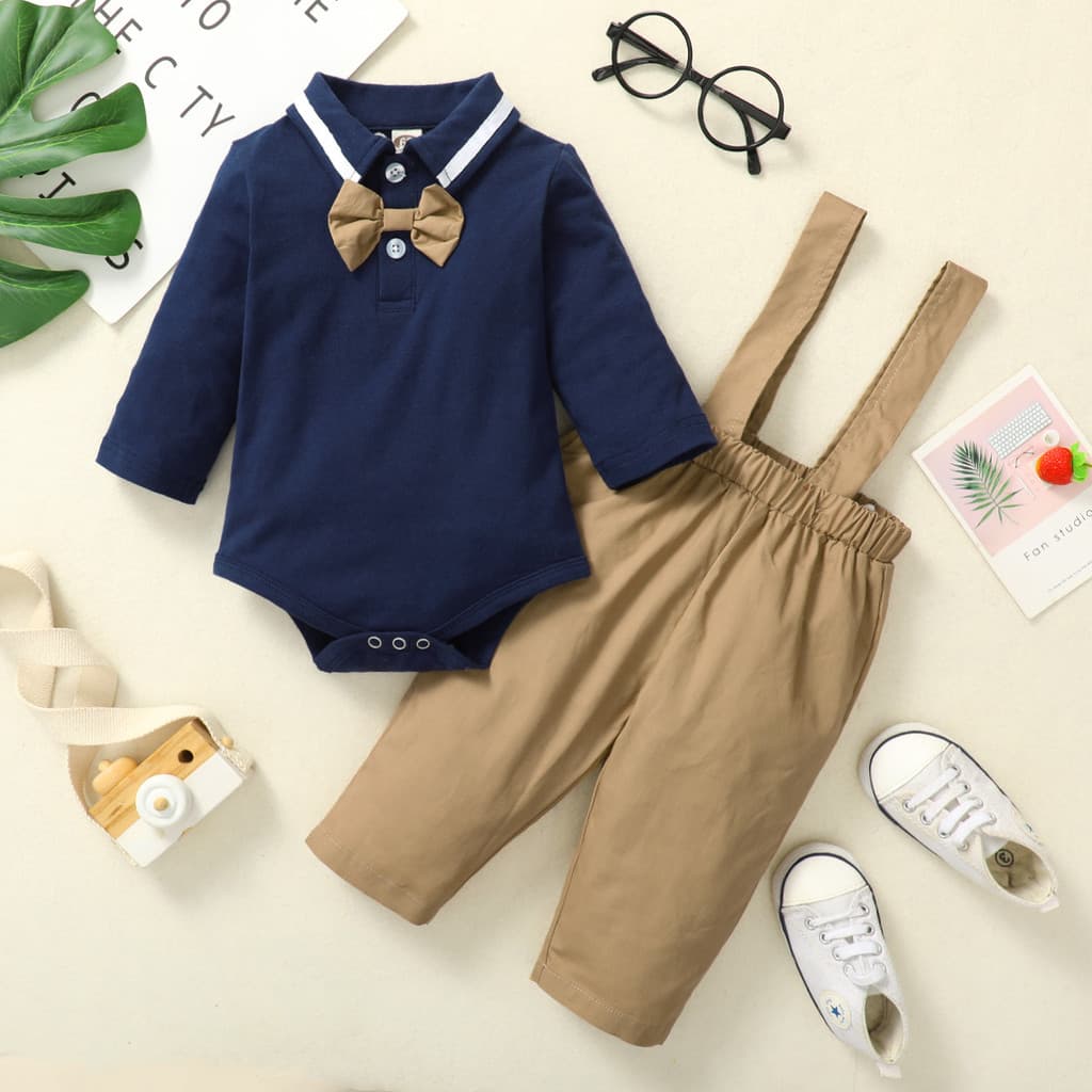 Conjunto De Roupa De Cavalheiro Para Bebê Menino , 1-18 Meses , Camisa Polo Com Gravata Borboleta + Calças Suspensas , 2