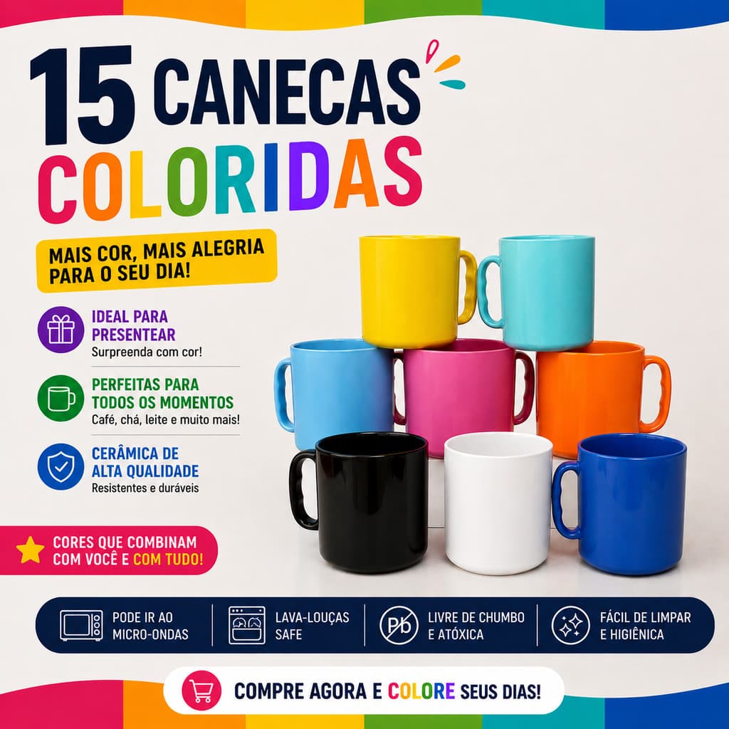 Kit 15 Canecas Colorida 375 ml de Plástico Para Festas Merenda Escola Creche Igreja