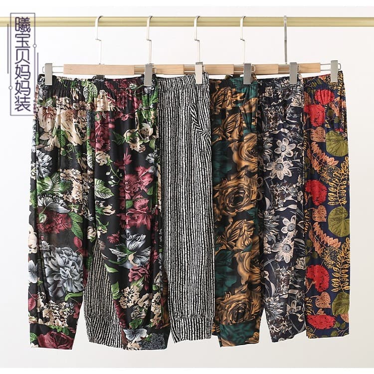 Novo estilo da vovó calças cortadas verão estilo fino cor de seda gelo Harem calças de meia-idade idosos exterior usar l