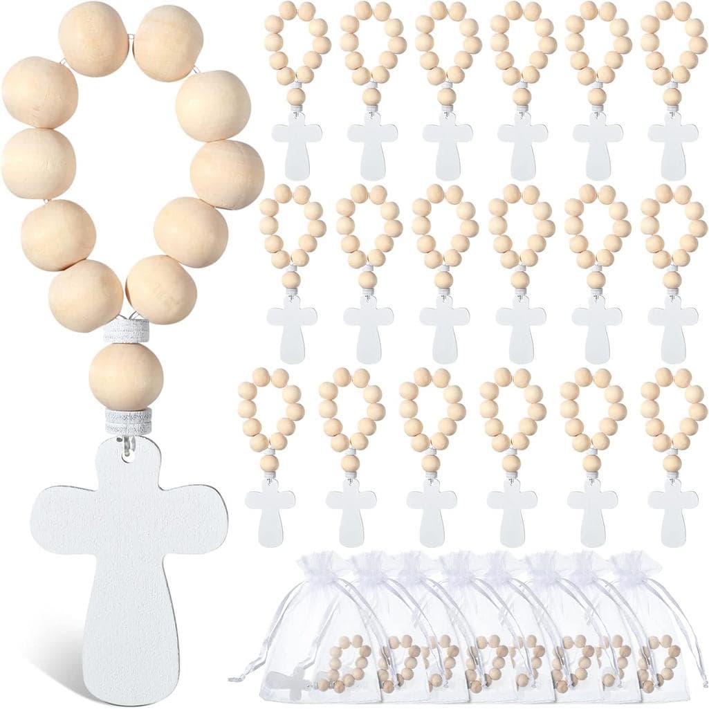 Terço de Madeira Deekin, Terço Católico de Madeira com Crucifixo e Saco de Malha para Batismo, Primeira Comunhão, Crisma