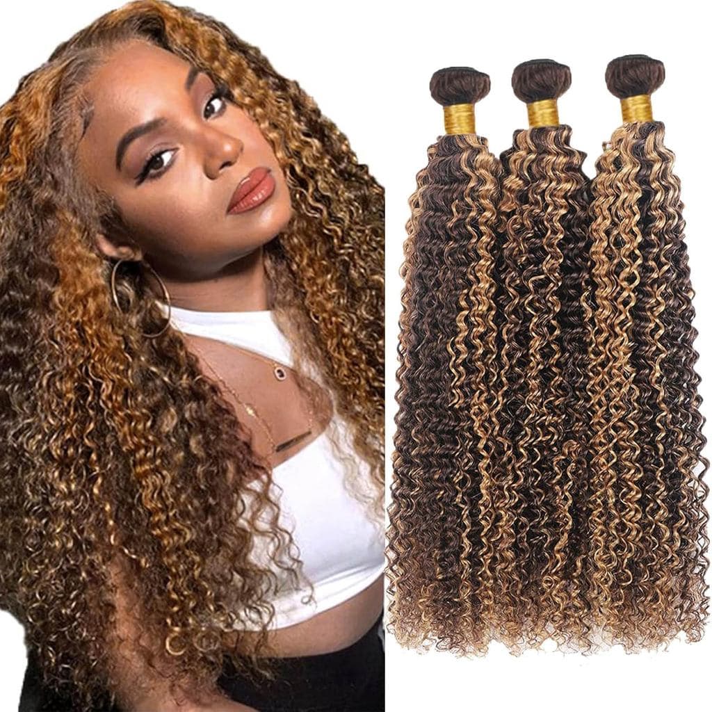 Pacotes de Cabelo Humano P4/27 com Mechas, Cabelo Humano Jerry Curl de 14, 16, 18 Polegadas, Grau 12A, Cabelo Virgem Bra