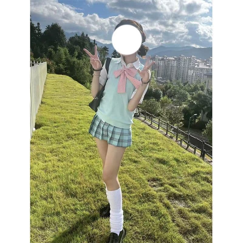Uniforme formal pulôver camisola colete estilo japonês sem mangas cor sólida malhas doce feminino camisola de quatro peç